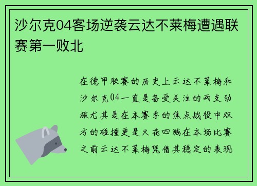 沙尔克04客场逆袭云达不莱梅遭遇联赛第一败北