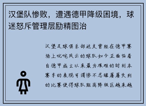 汉堡队惨败，遭遇德甲降级困境，球迷怒斥管理层励精图治