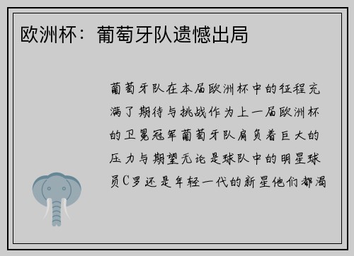 欧洲杯：葡萄牙队遗憾出局