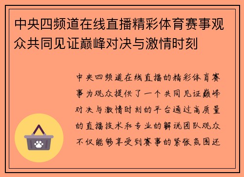 中央四频道在线直播精彩体育赛事观众共同见证巅峰对决与激情时刻