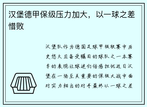 汉堡德甲保级压力加大，以一球之差惜败